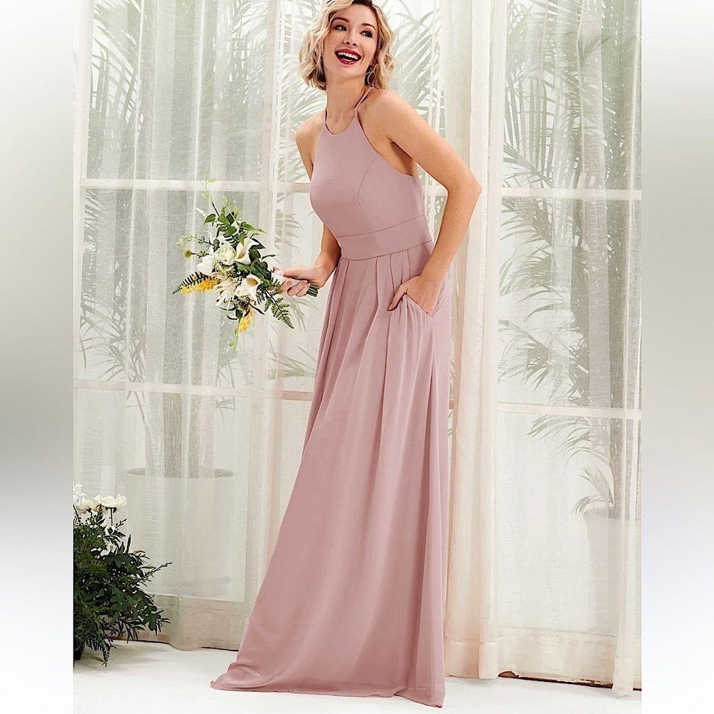 MORI LEE FRANCES CHIFFON Bridesmaid maxi DRESS in Champagne Rose women’s size 14